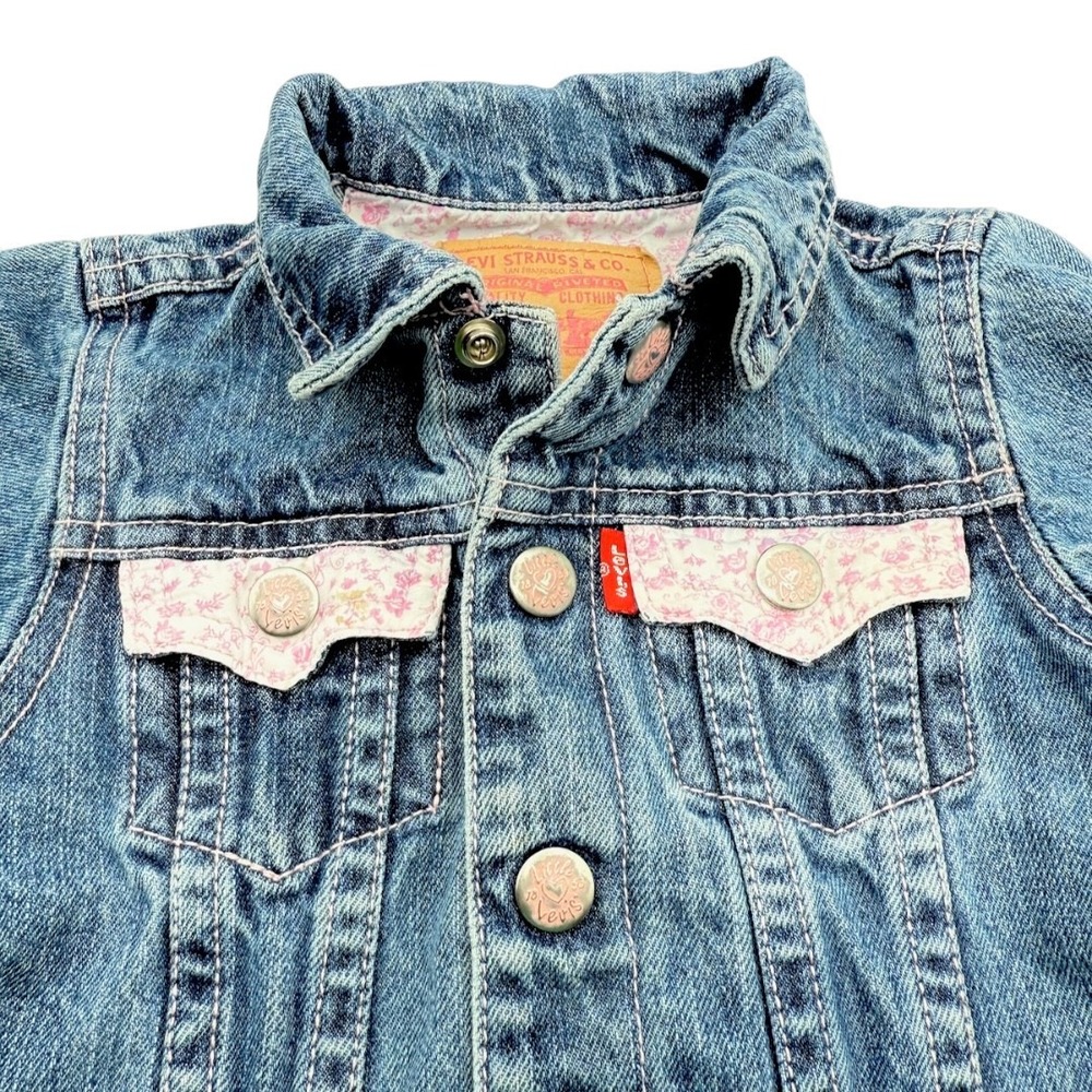 My 1st Levi's Denim Jean Jacket Trucker Pink Floral Vintage Y2K Kidcore Baby 18M - Picture 3 of 14